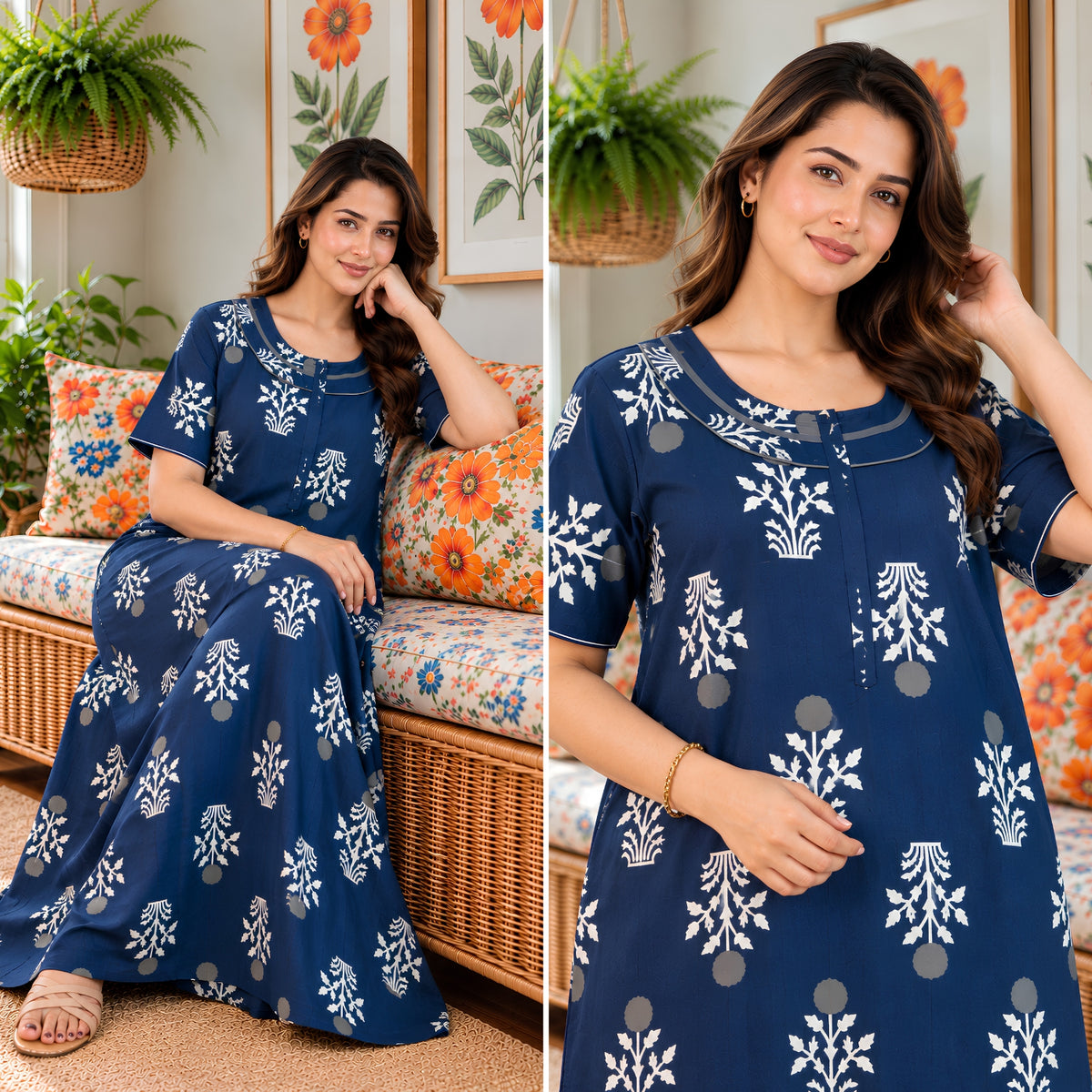 Imperial Bloom Blue Printed Cotton Night Gown
