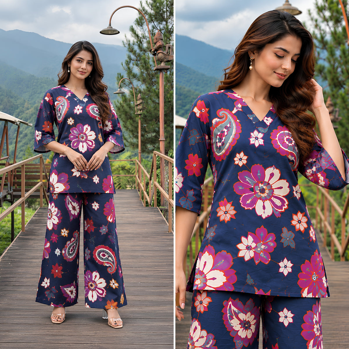 Sapphire Jardin Navy Blue Printed Cotton Co-ords Set