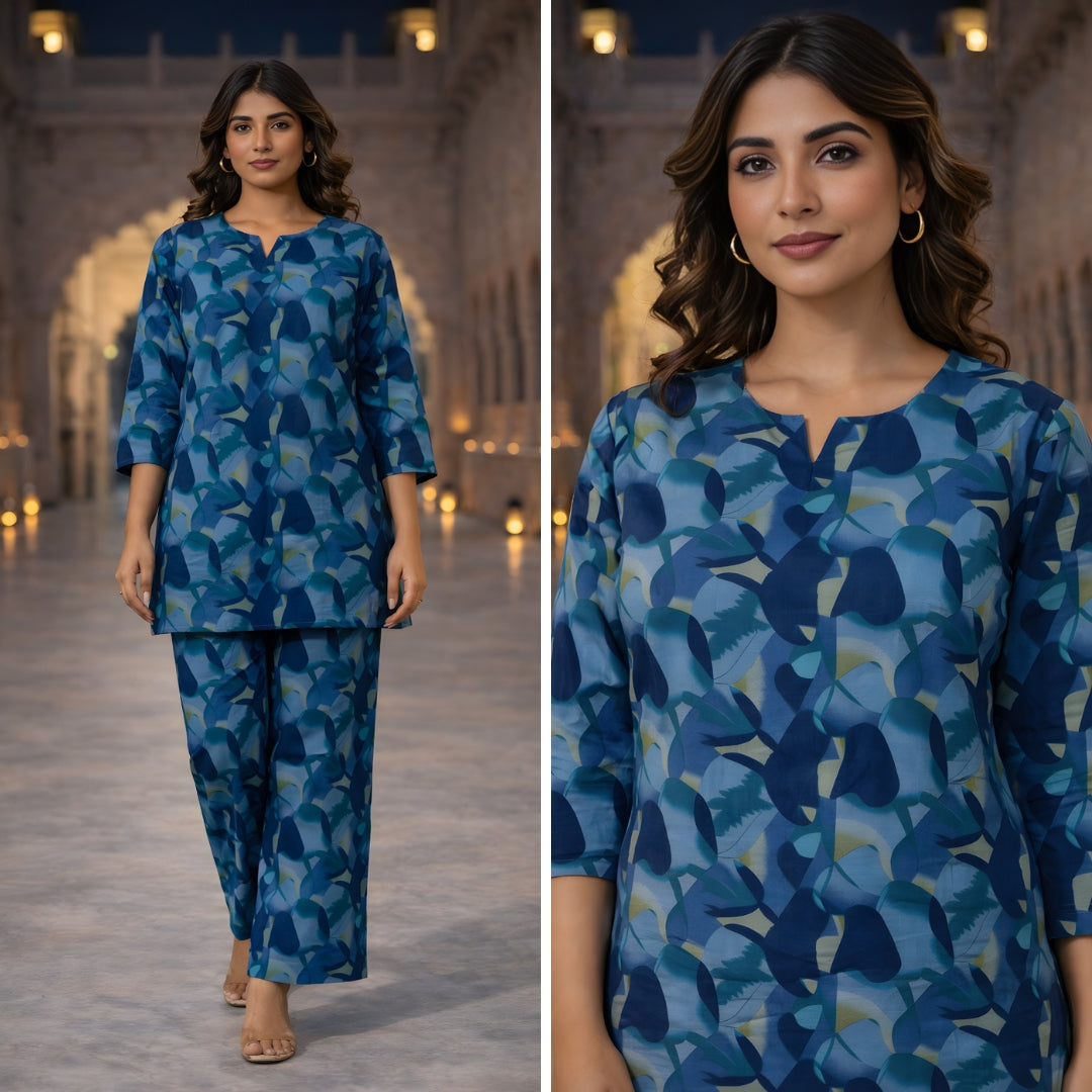 Hexa Blue Cotton Loungewear Co-ords Set