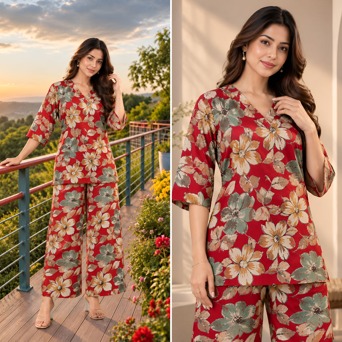 Lapis Flora Red Printed Cotton Co-ords Set