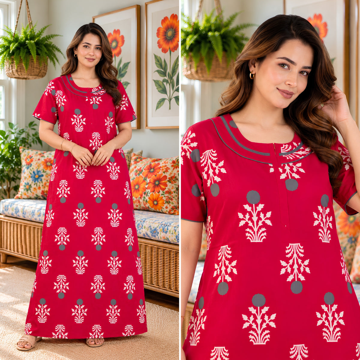 Imperial Bloom Royal Pink Printed Cotton Night Gown