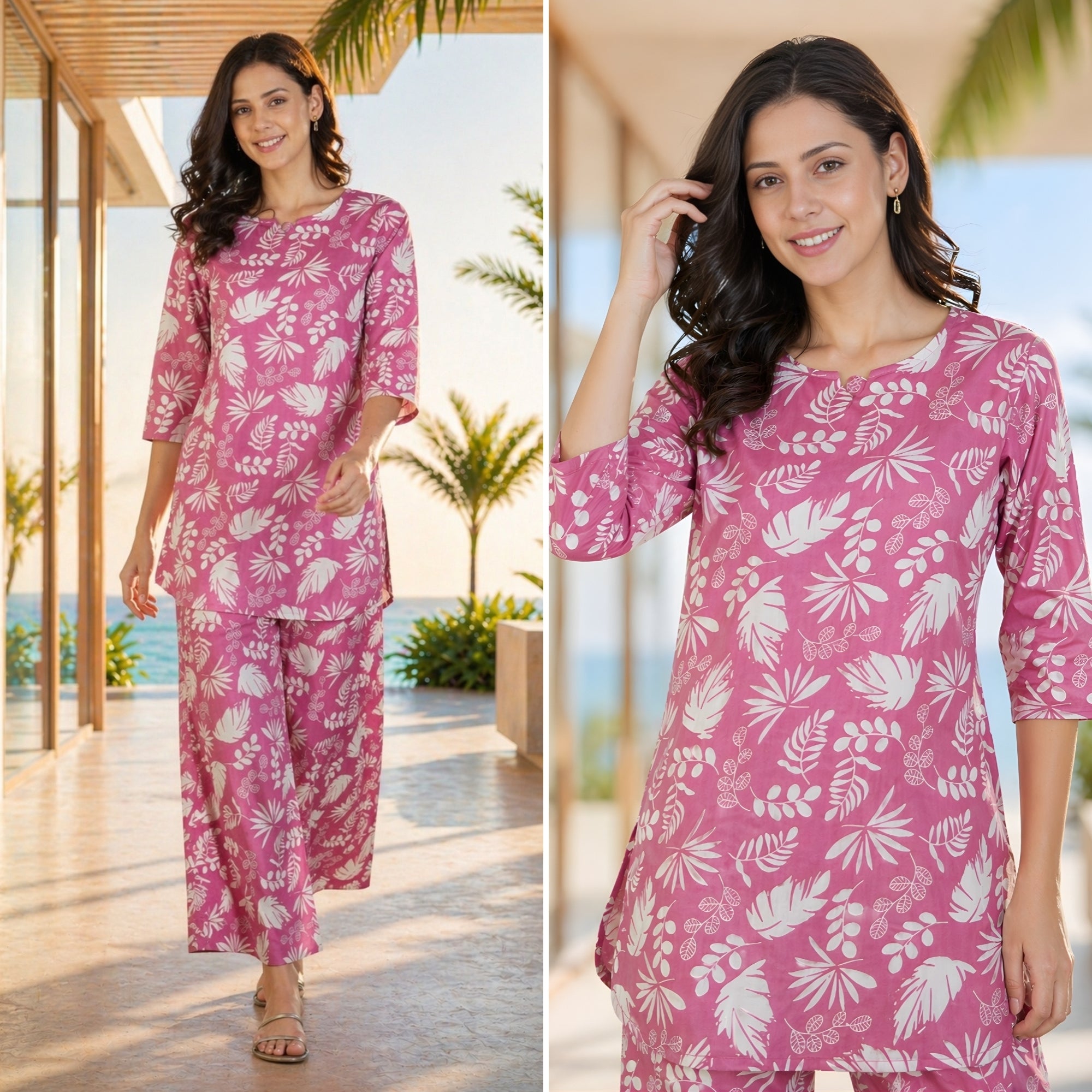 Pastel Palm Pink Cotton Co-ord Set