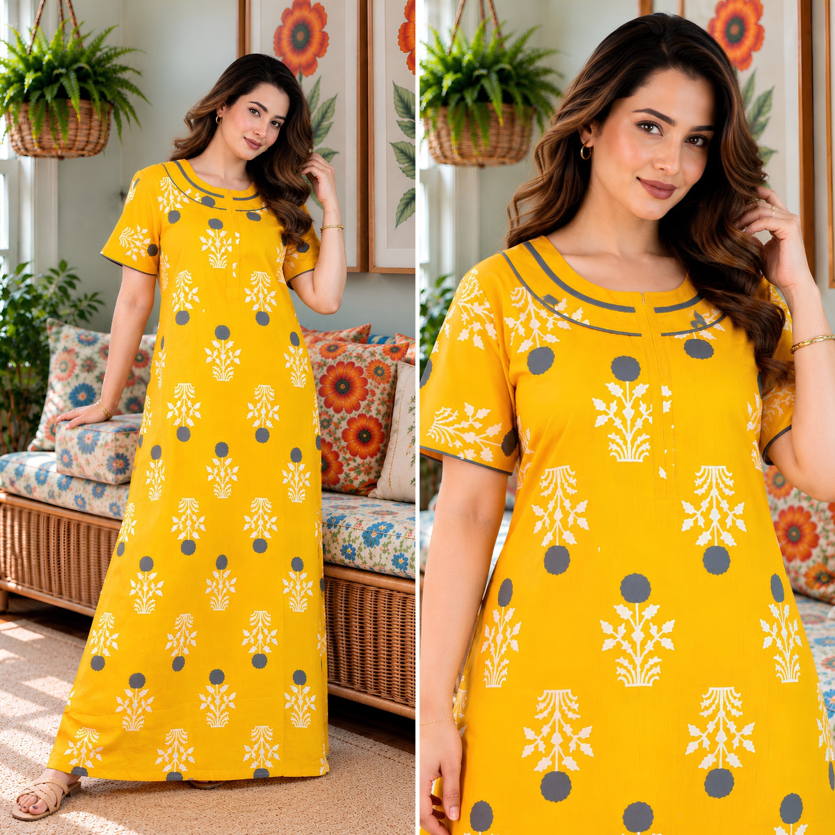 Imperial Bloom Yellow Printed Cotton Night Gown