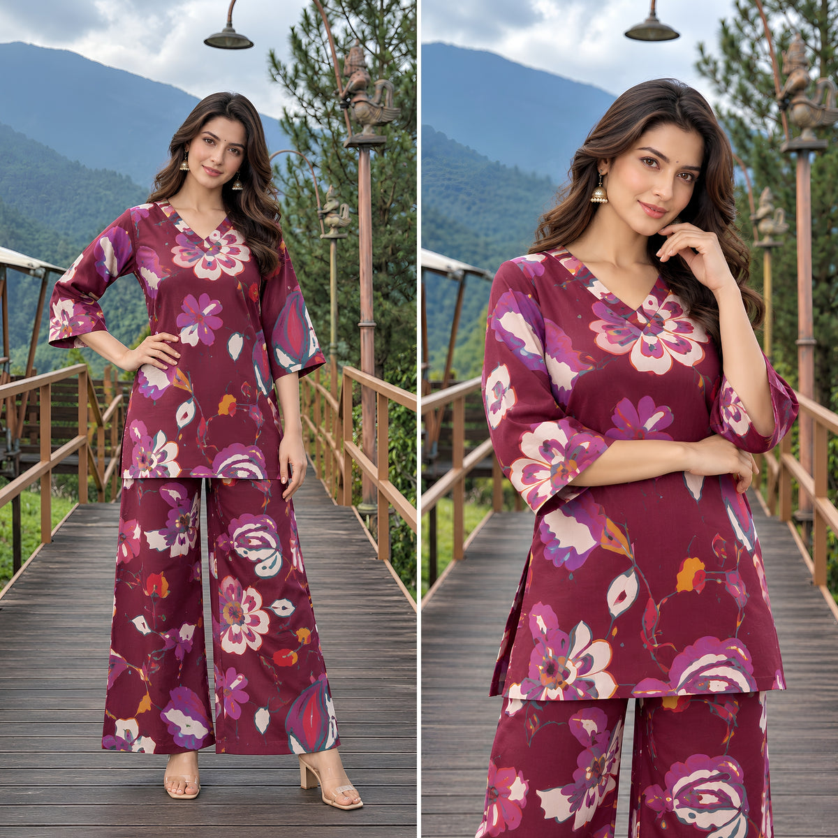 Sapphire Jardin Wine Printed Cotton Co-ords Set