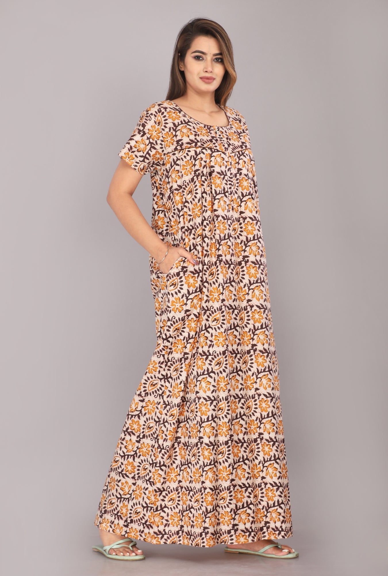 Batik Flower Coffee Cotton Printed Nightwear Gowns