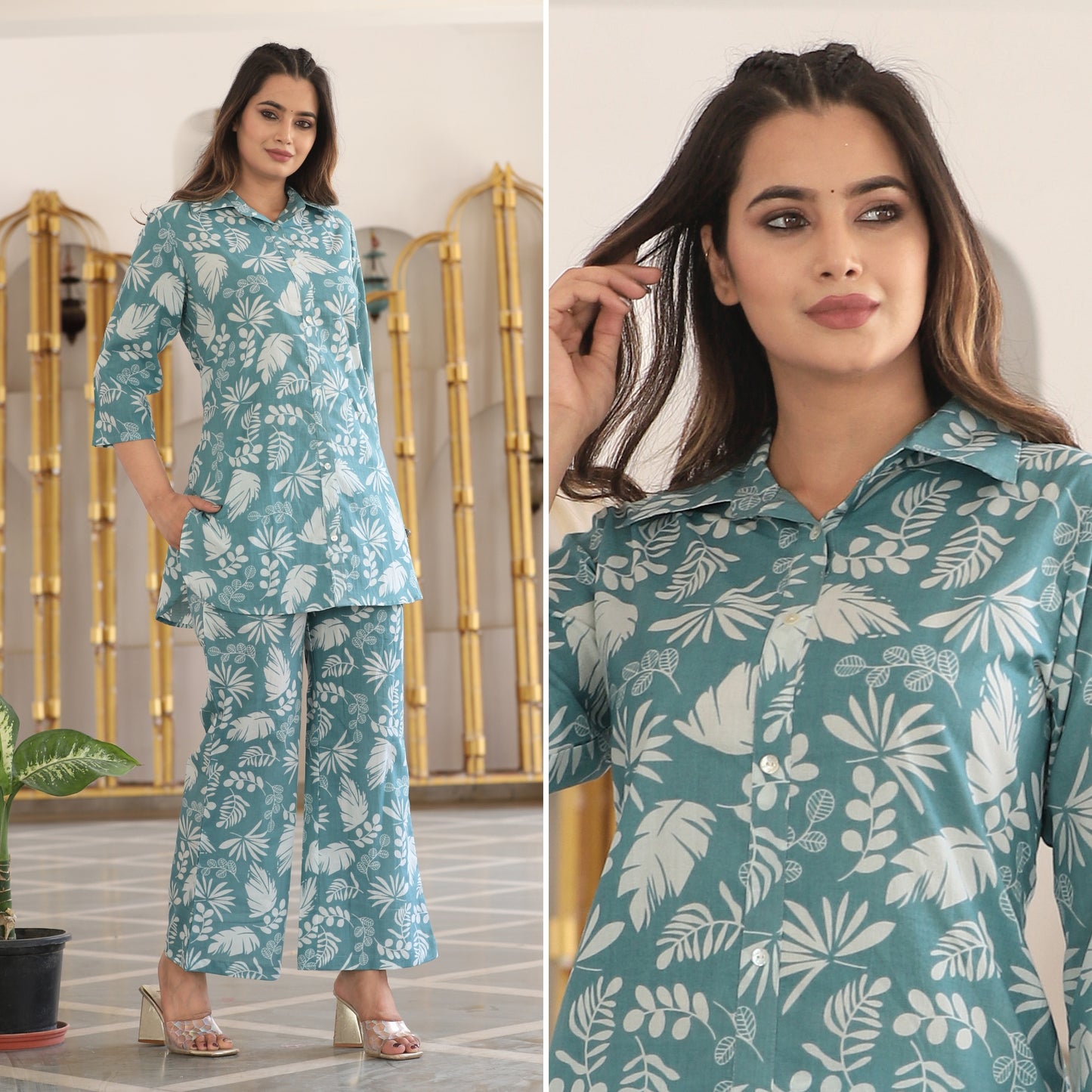 Aqua Blooms Cotton Loungewear Co-ords Set