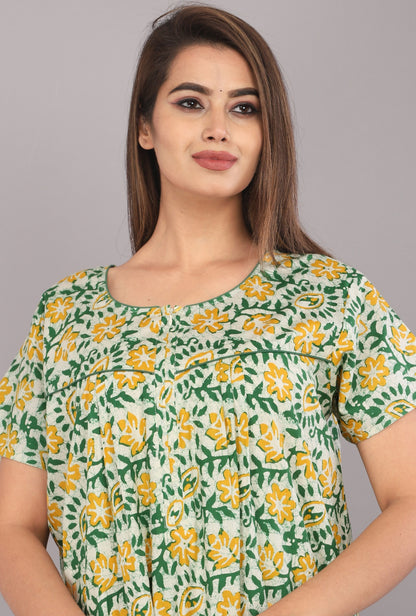 Batik Flower Green Cotton Printed Nightwear Gowns