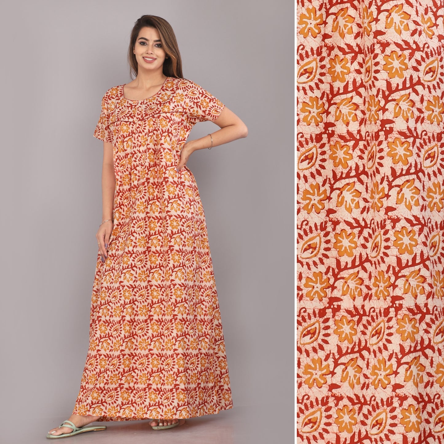Batik Flower Rust Cotton Printed Nightwear Gowns