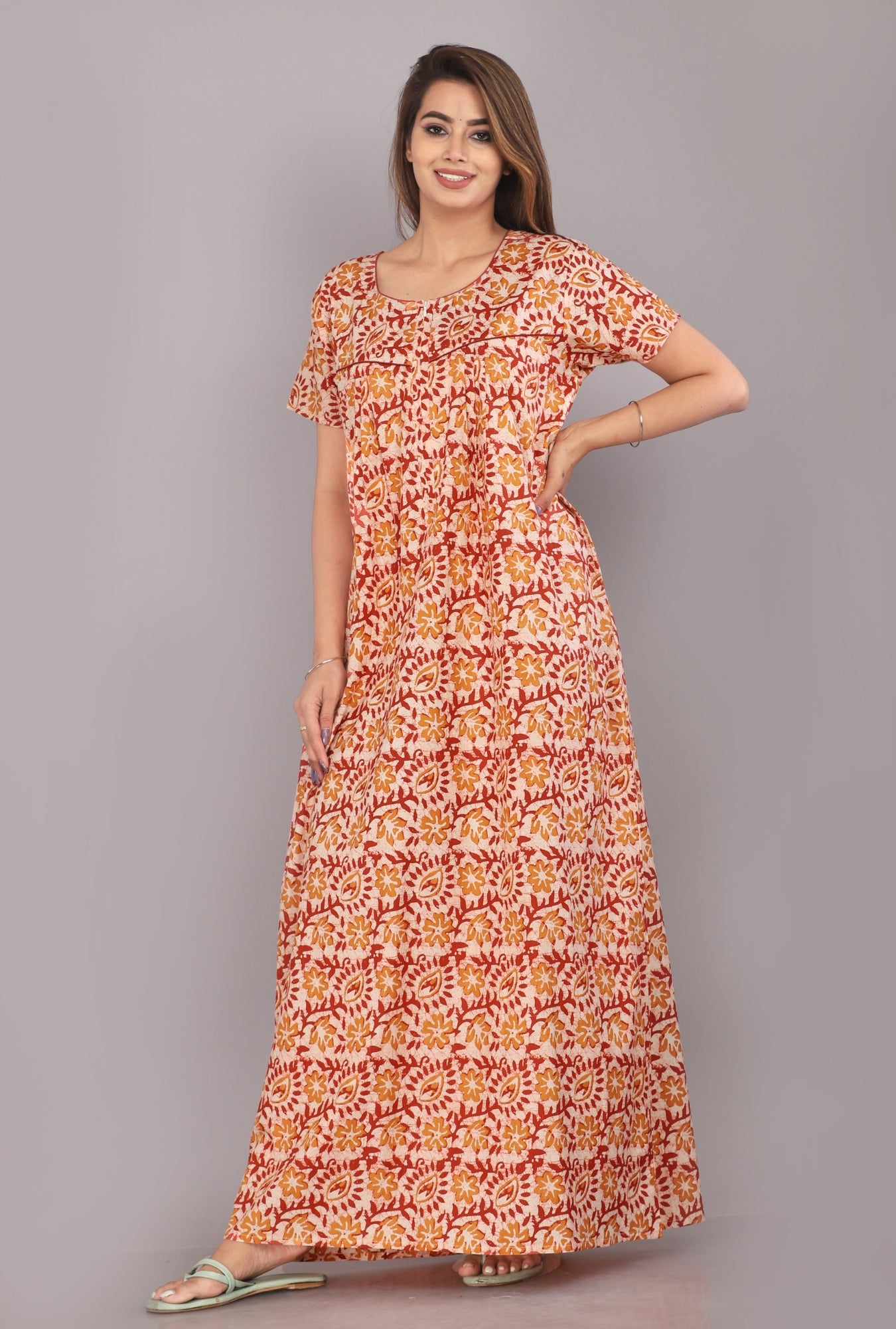 Batik Flower Rust Cotton Printed Nightwear Gowns