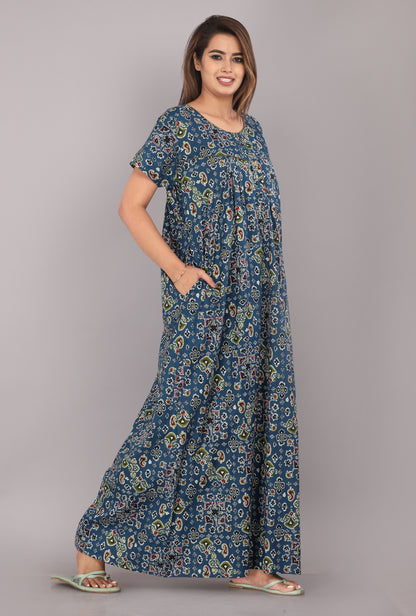 Mandala Teal Blue Cotton Printed Night Gowns