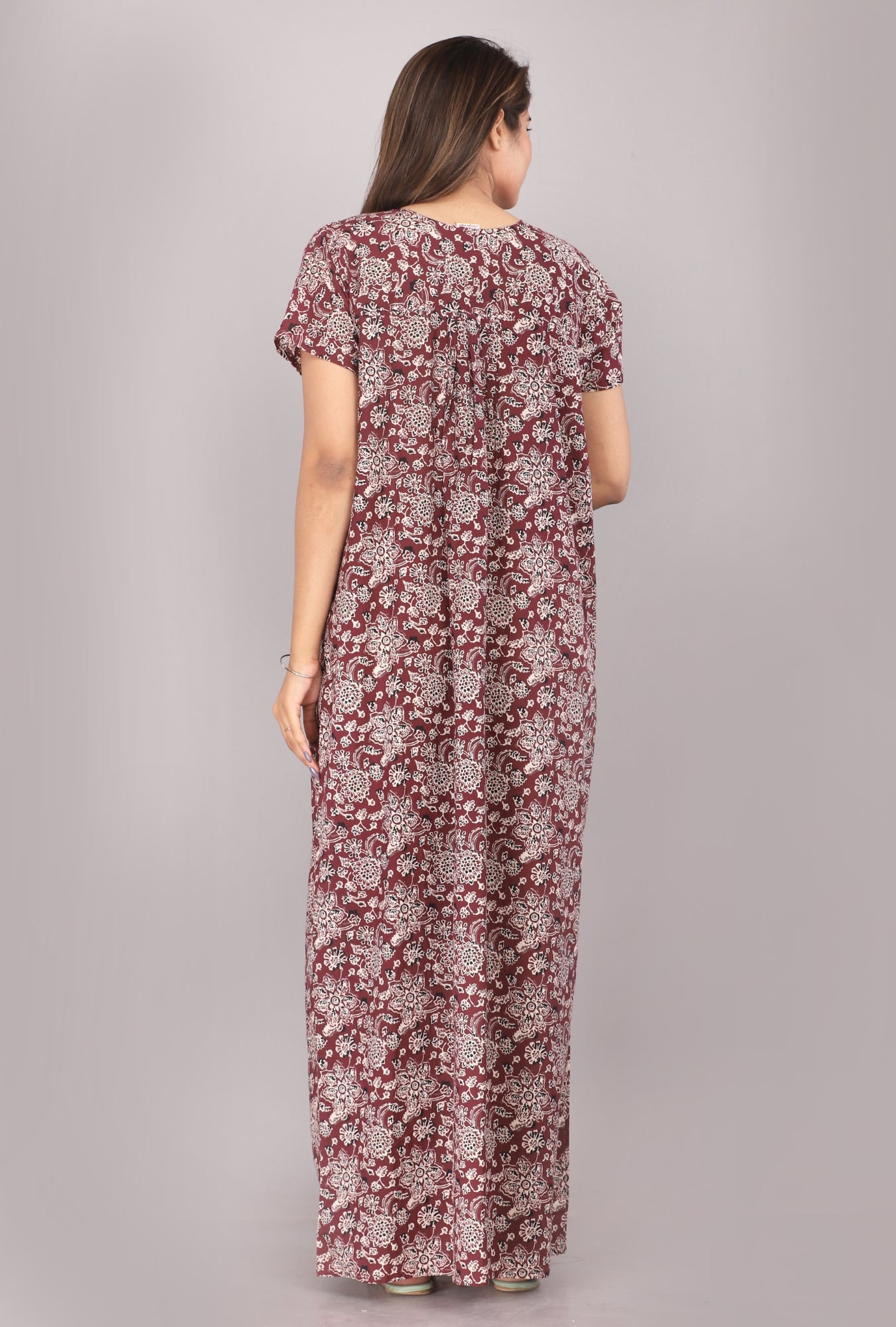 Chakra Flower Maroon Cotton Printed Night Gowns