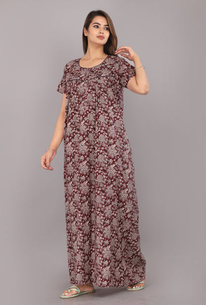 Chakra Flower Maroon Cotton Printed Night Gowns