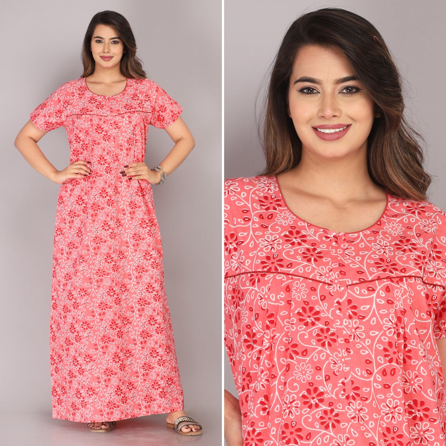 Floral Harmony Coral Cotton Printed Nightwear Gowns