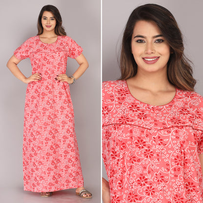 Floral Harmony Coral Cotton Printed Nightwear Gowns