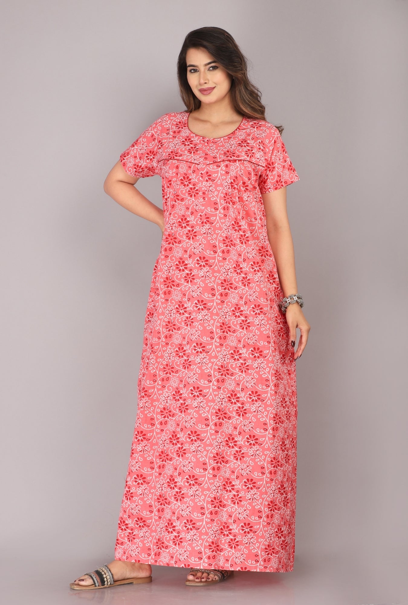 Floral Harmony Coral Cotton Printed Nightwear Gowns