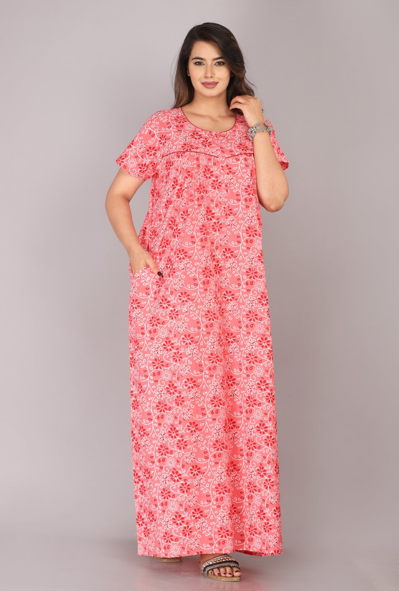 Floral Harmony Coral Cotton Printed Nightwear Gowns