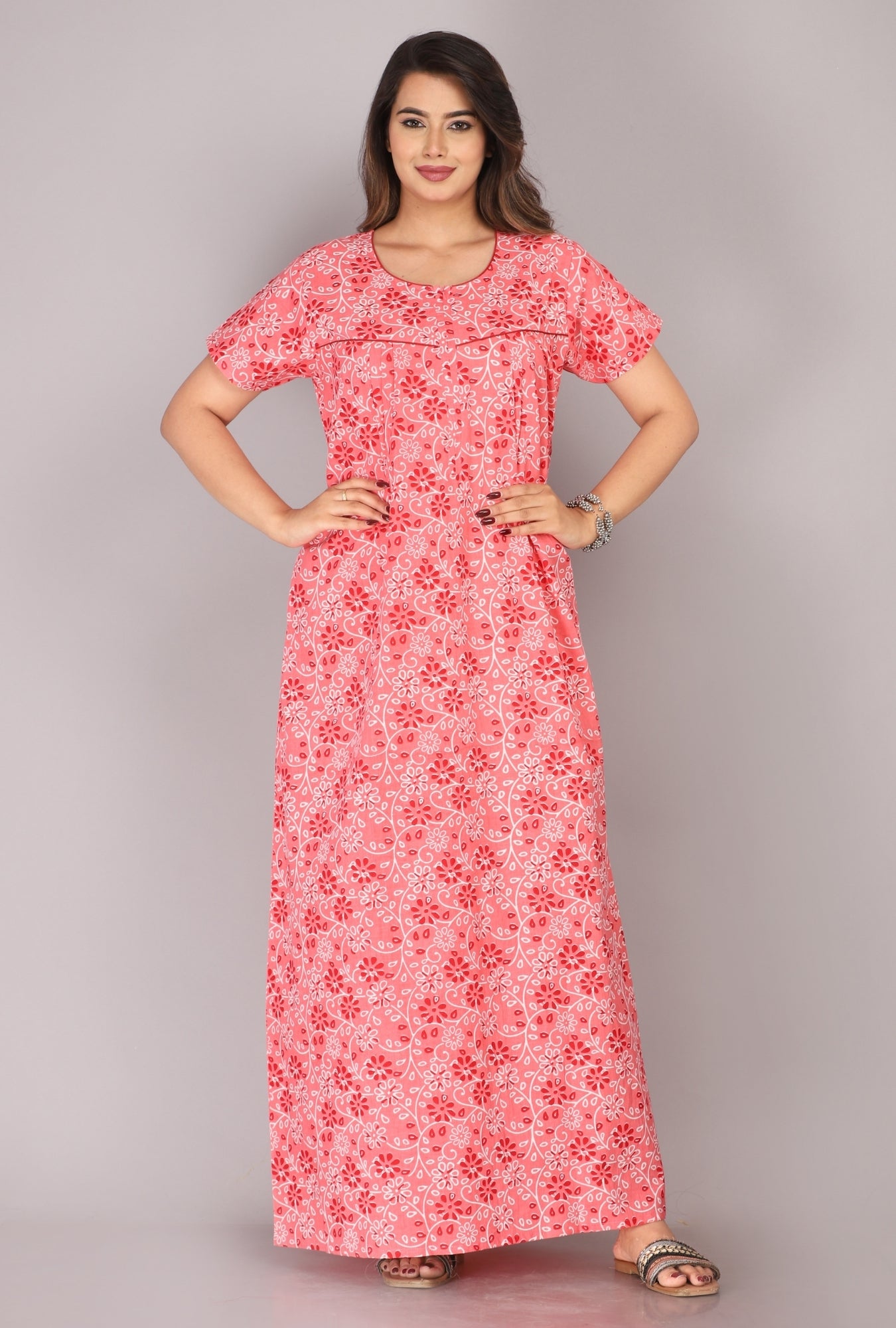 Floral Harmony Coral Cotton Printed Nightwear Gowns