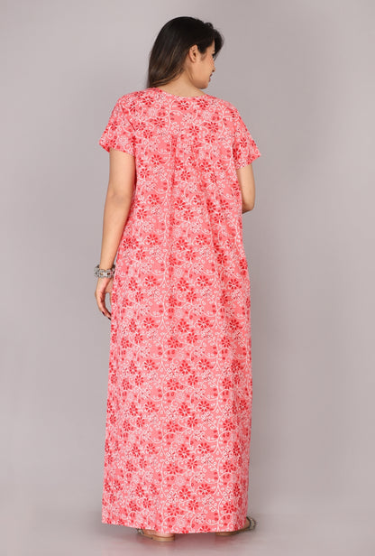 Floral Harmony Coral Cotton Printed Nightwear Gowns