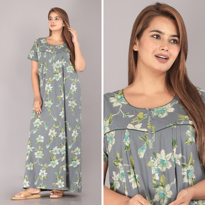 Hibiscus Flower Grey Cotton Printed Nightwear Gowns