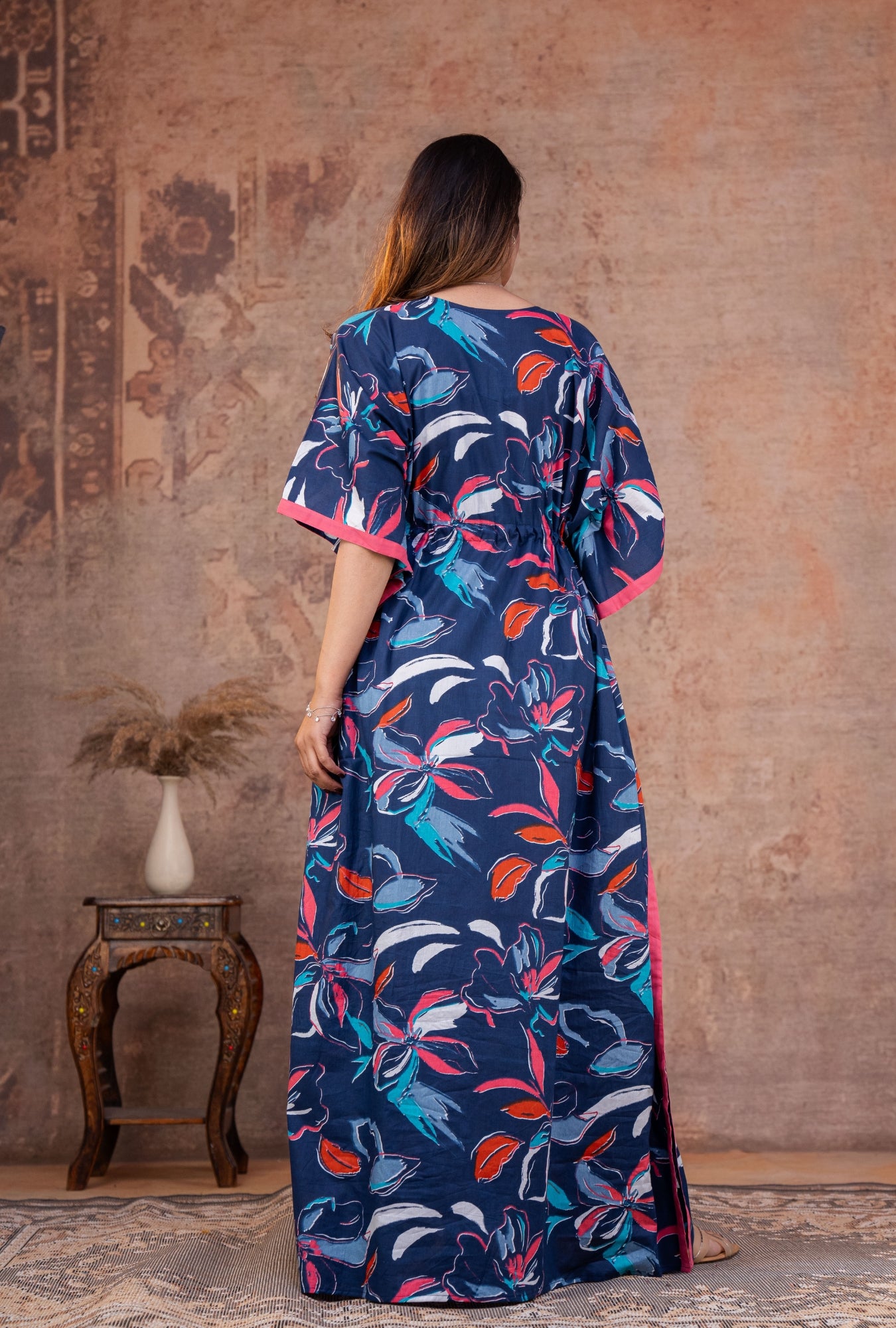 Gulnaar Floral Blue Loungewear Cotton Kaftan