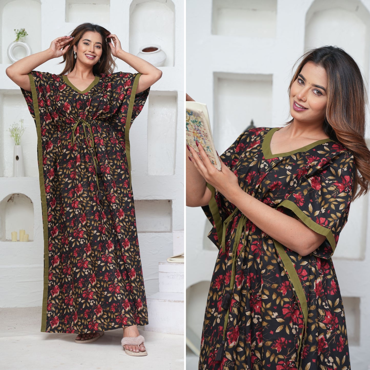 Petal Dance Black Loungewear Cotton Kaftan