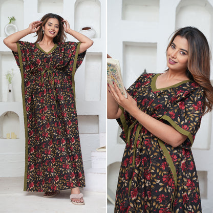 Petal Dance Black Loungewear Cotton Kaftan