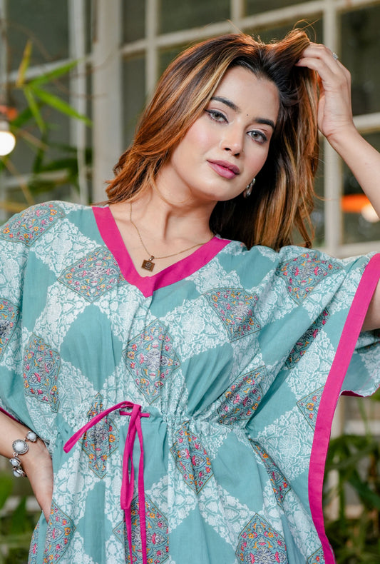 Pastel Bloom Sea Green Cotton Loungewear Kaftan