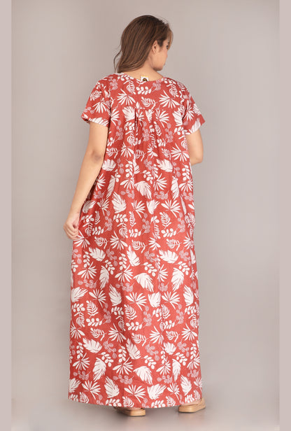 Pine Leaf Rust Cotton Printed Nightwear Gowns