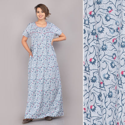 Two Tone Flower Blue Cotton Printed Nightwear Gowns
