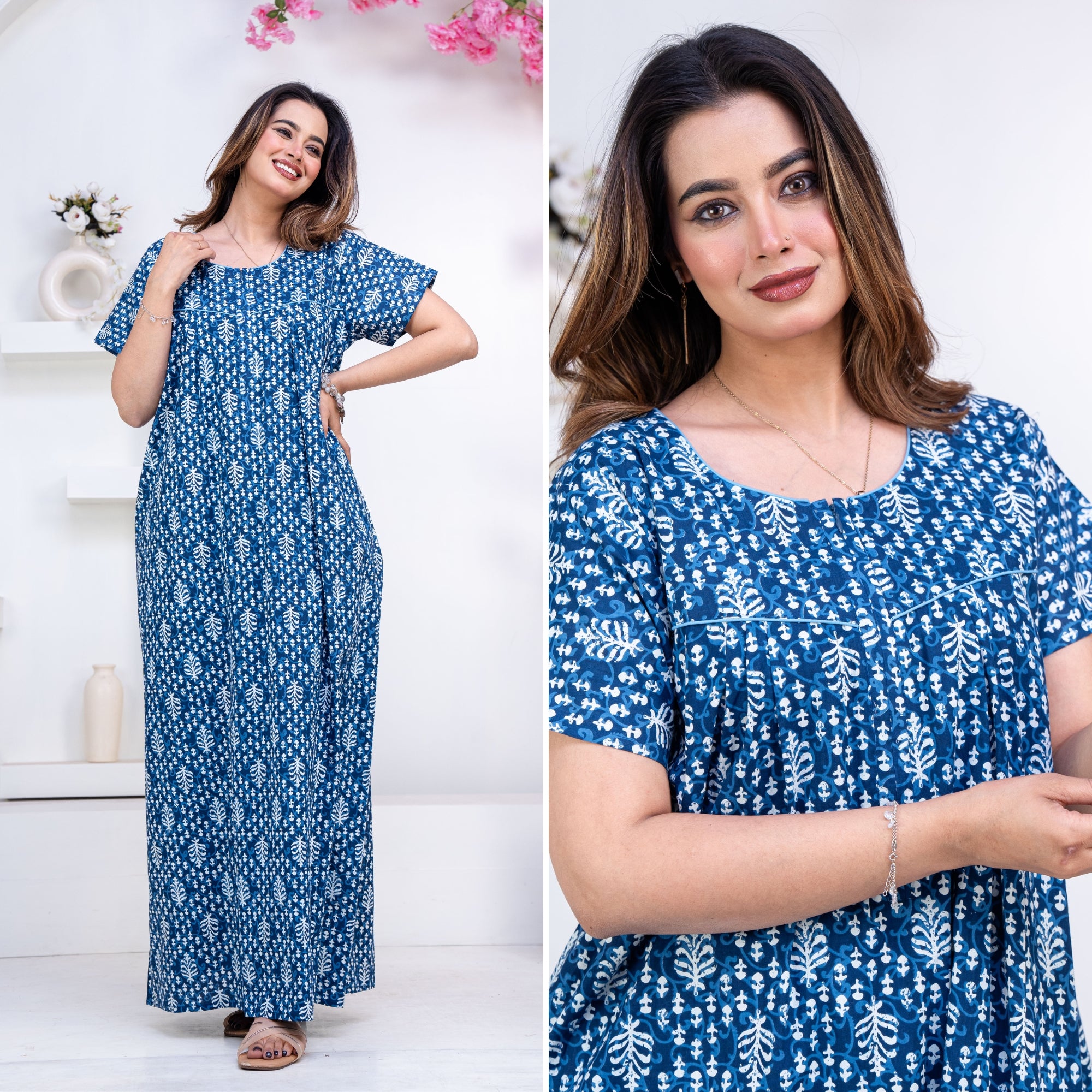 Fern Blue Cotton Printed Nightwear Gowns