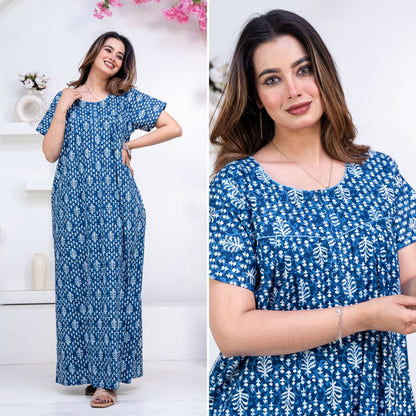 Fern Blue Cotton Printed Nightwear Gowns