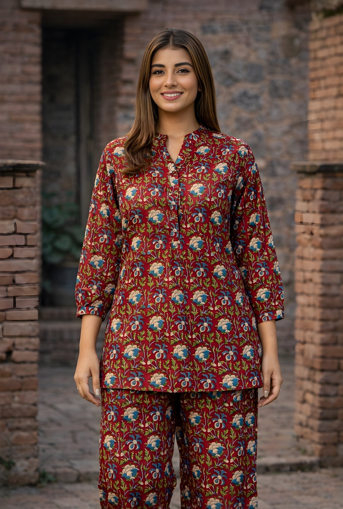 Kalamkari Maroon Cotton Loungewear Co-ords Set