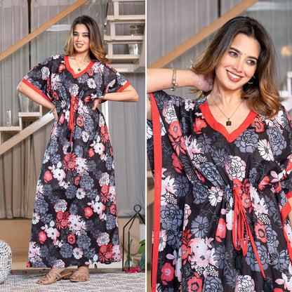Mega Petals Black Loungewear Cotton Kaftan