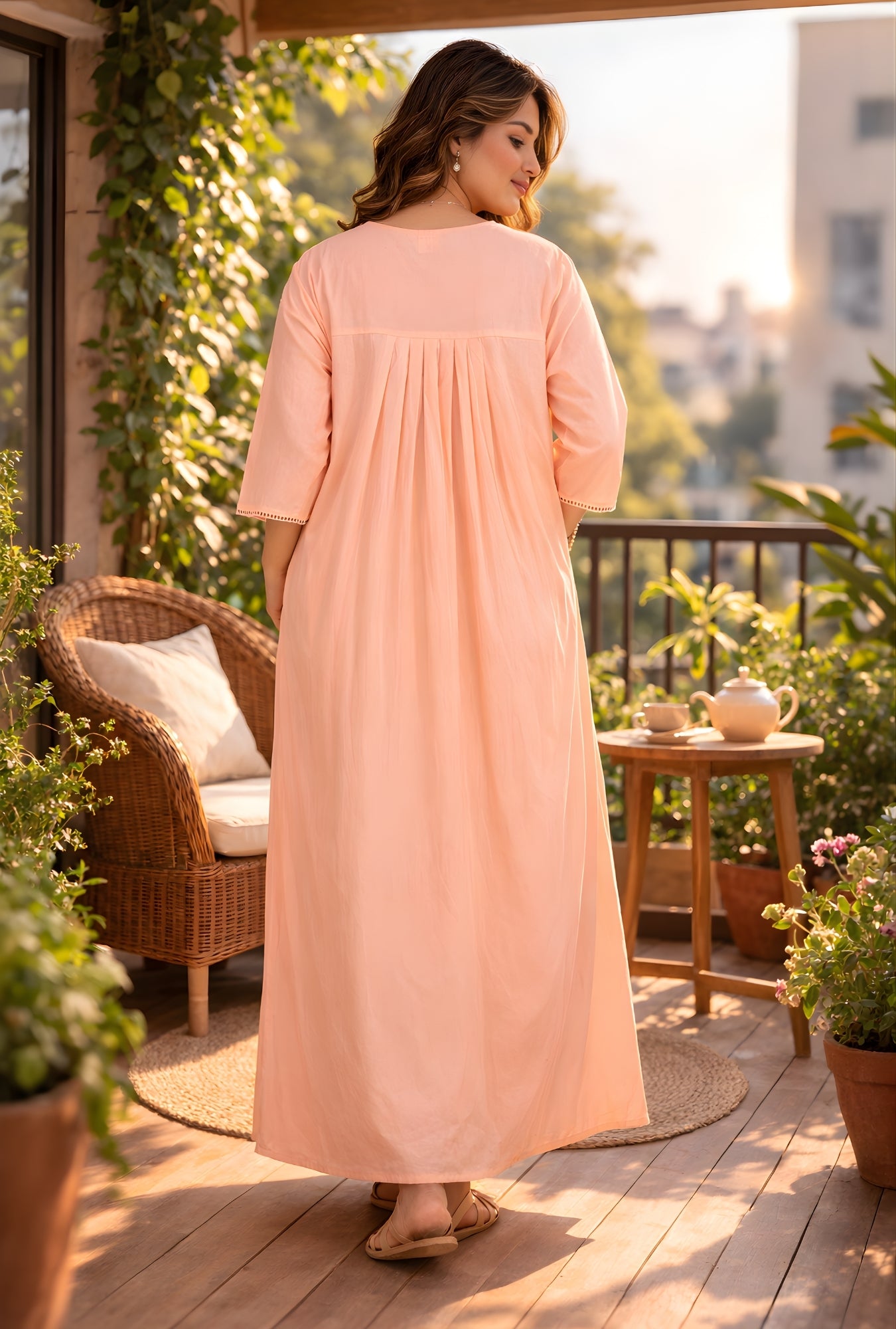 Peach Blossom Floral Yoke Cotton Night Gown