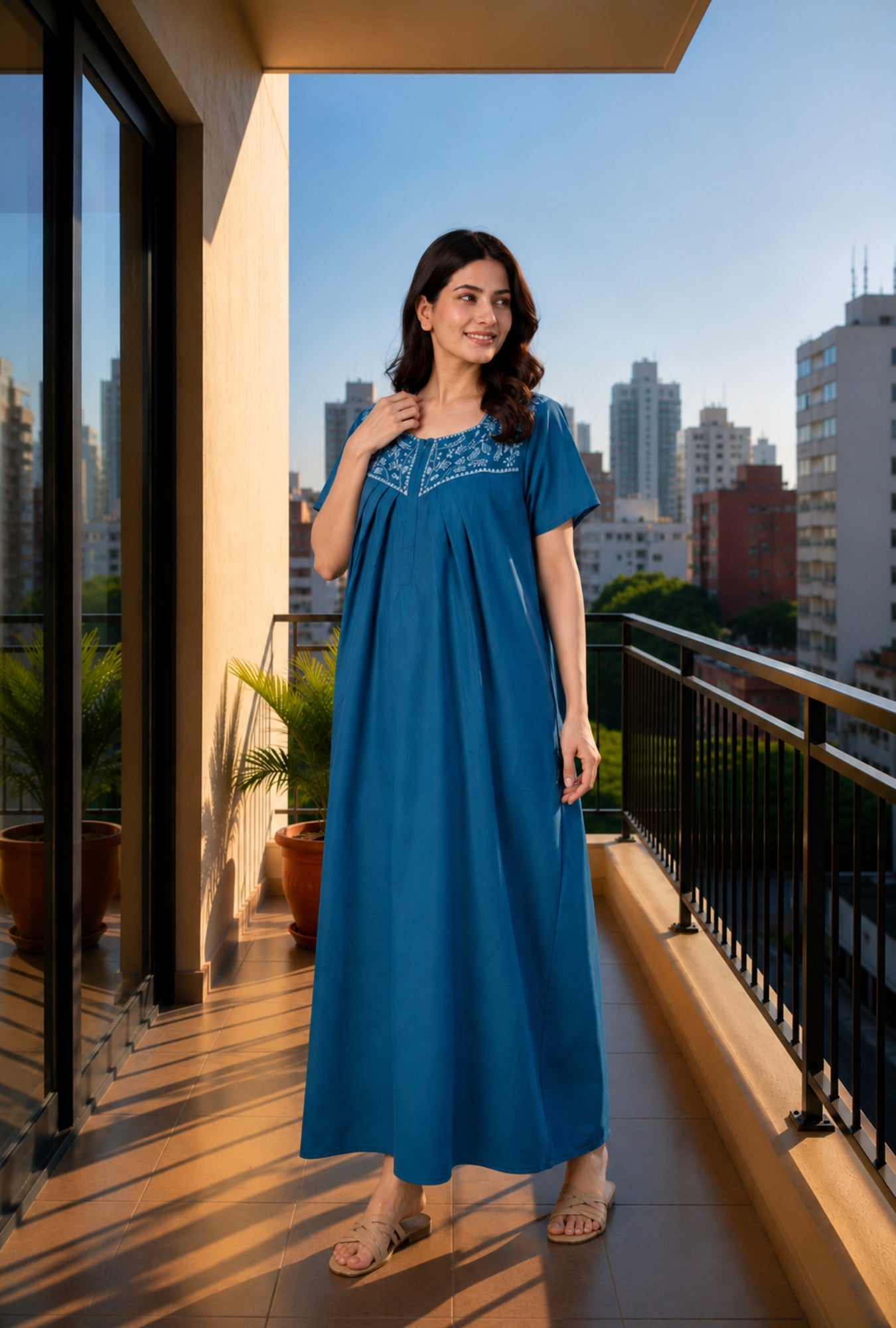 Crimson Bloom Teal Embroidery Yoke Cotton Night Gown