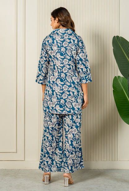 Floral Sonata Teal Cotton Loungewear Co-ords Set