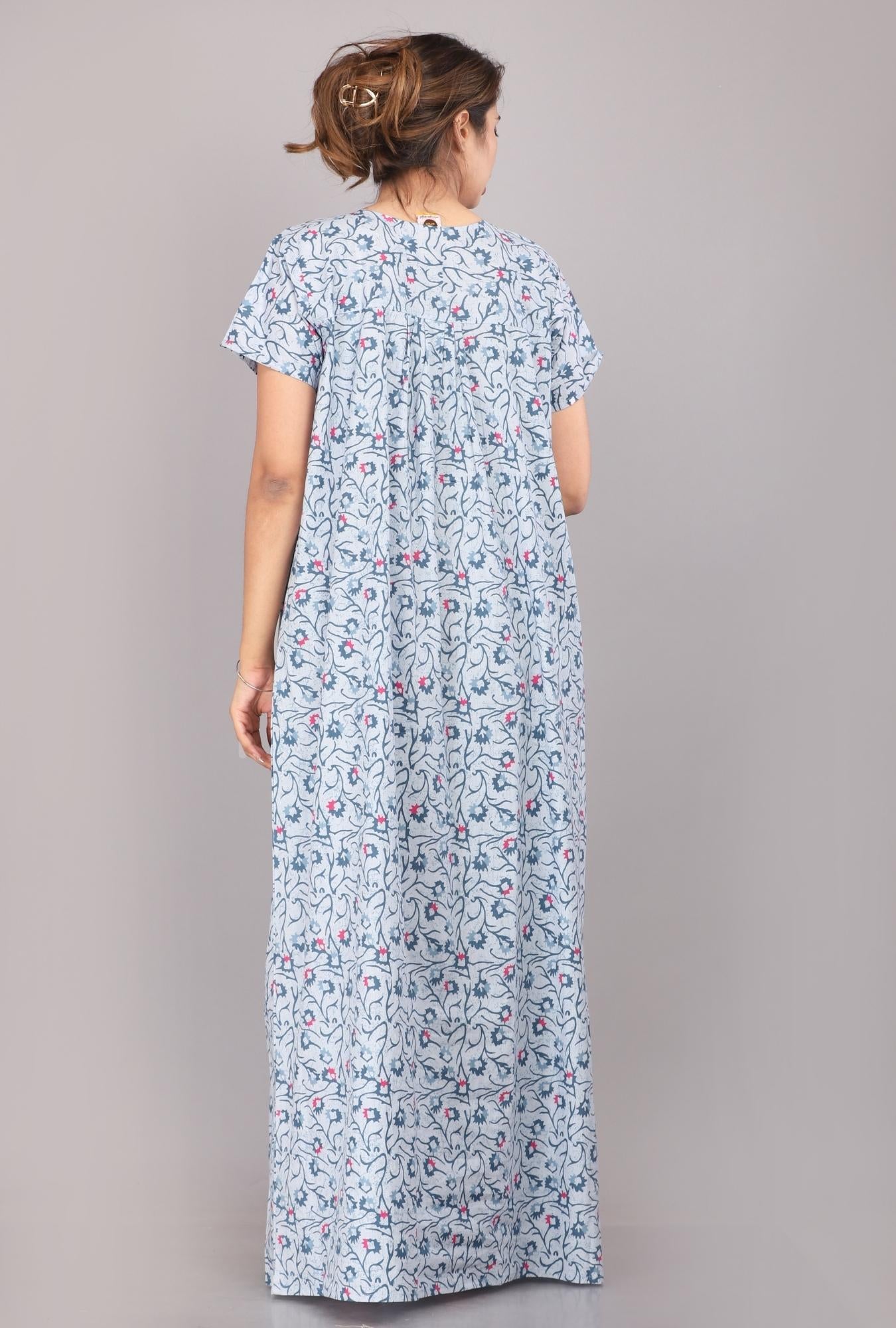 Two Tone Flower Blue Cotton Printed Nightwear Gowns