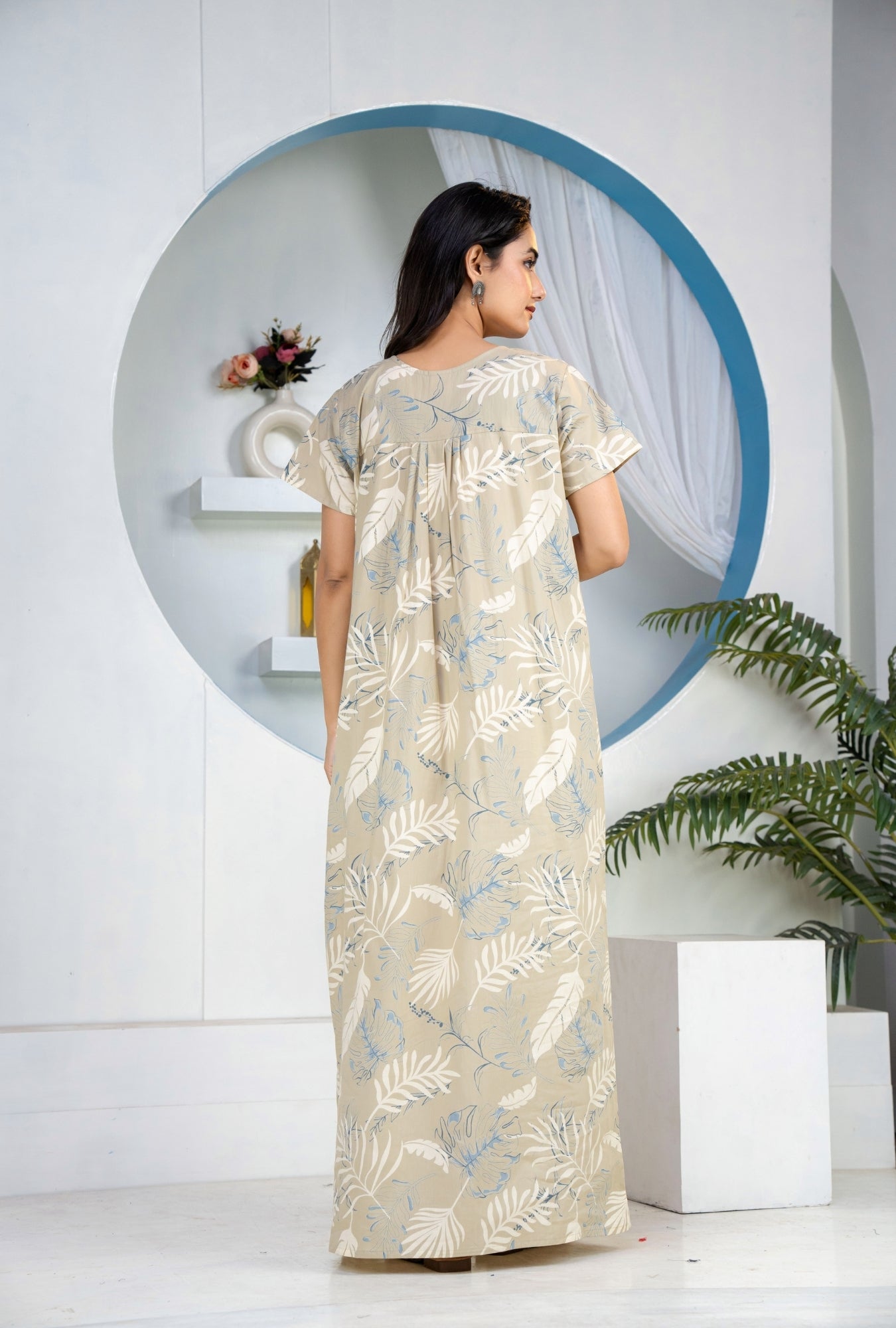 Plum Leaf Grey Cotton Printed Nightwear Gowns