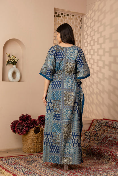 Wanderlust Blue Printed Cotton Loungewear Kaftan