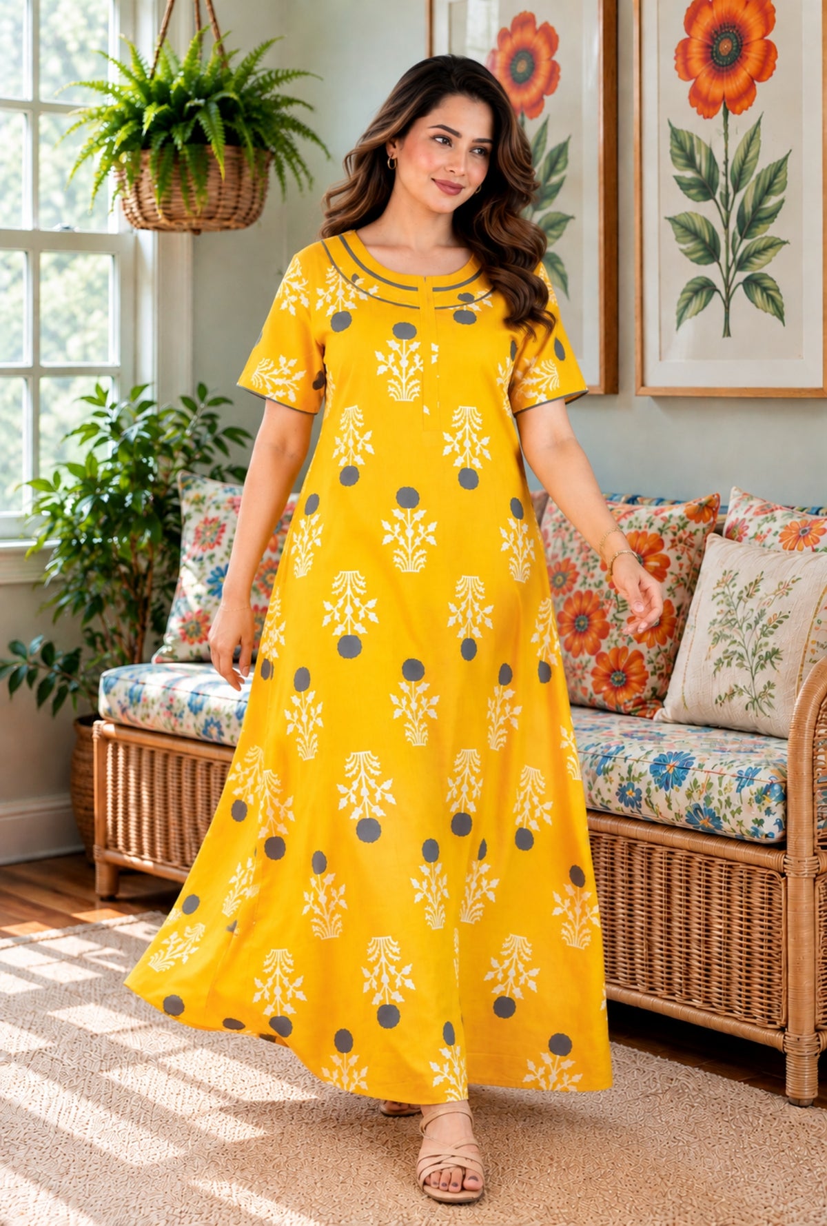 Imperial Bloom Yellow Printed Cotton Night Gown