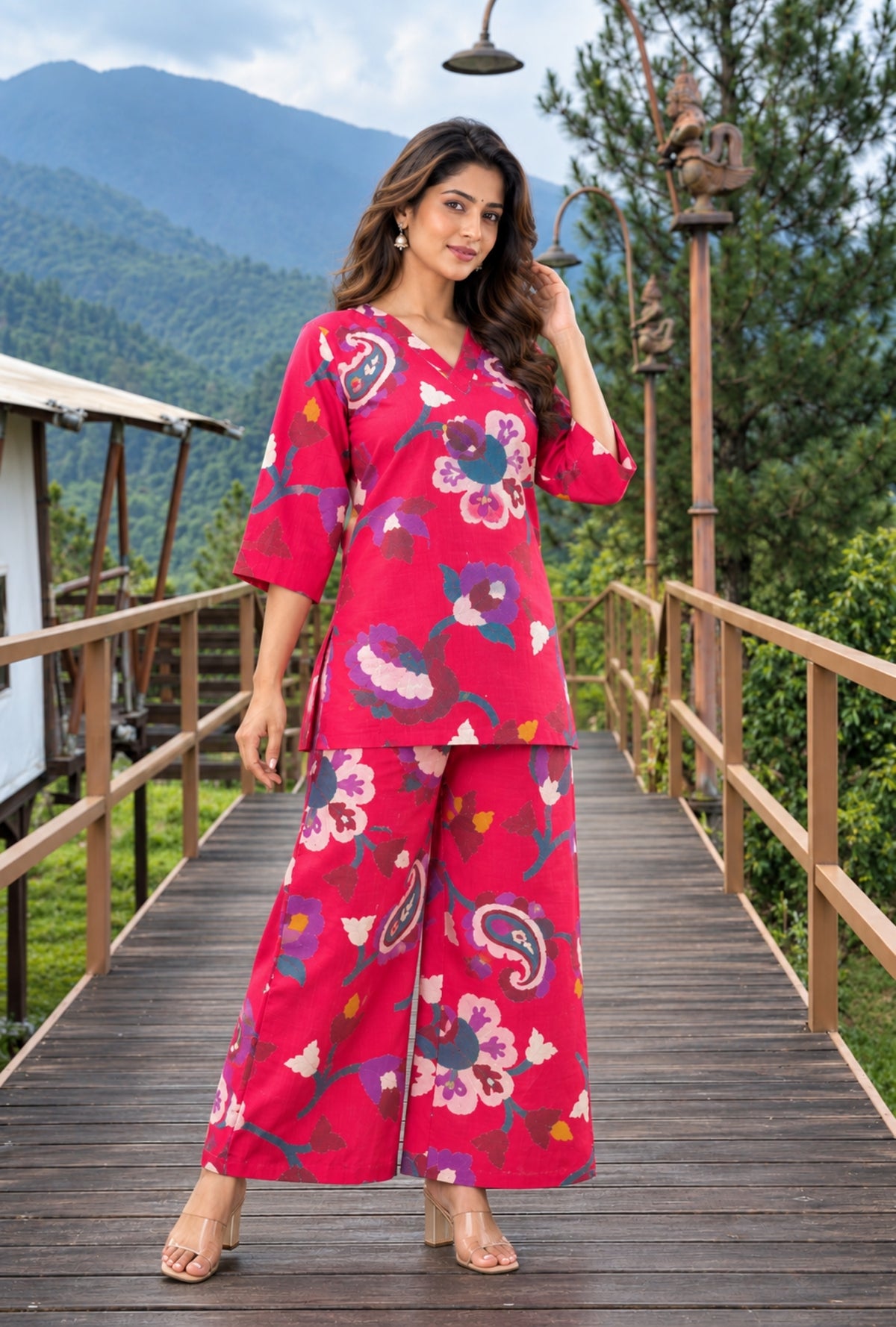 Sapphire Jardin Rani Pink Printed Cotton Co-ords Set