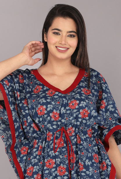 Ice Flower Navy Blue Cotton Loungewear Kaftan