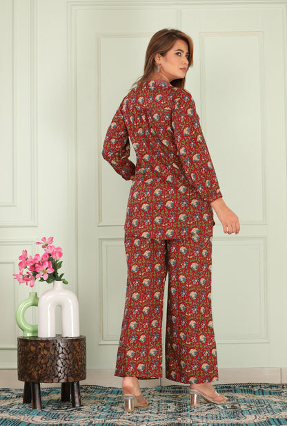 Kalamkari Maroon Cotton Loungewear Co-ords Set