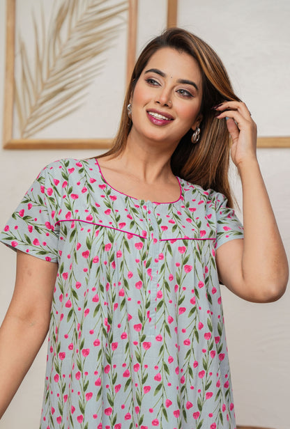 Lily Beil Grey Cotton Printed Nightwear Gowns