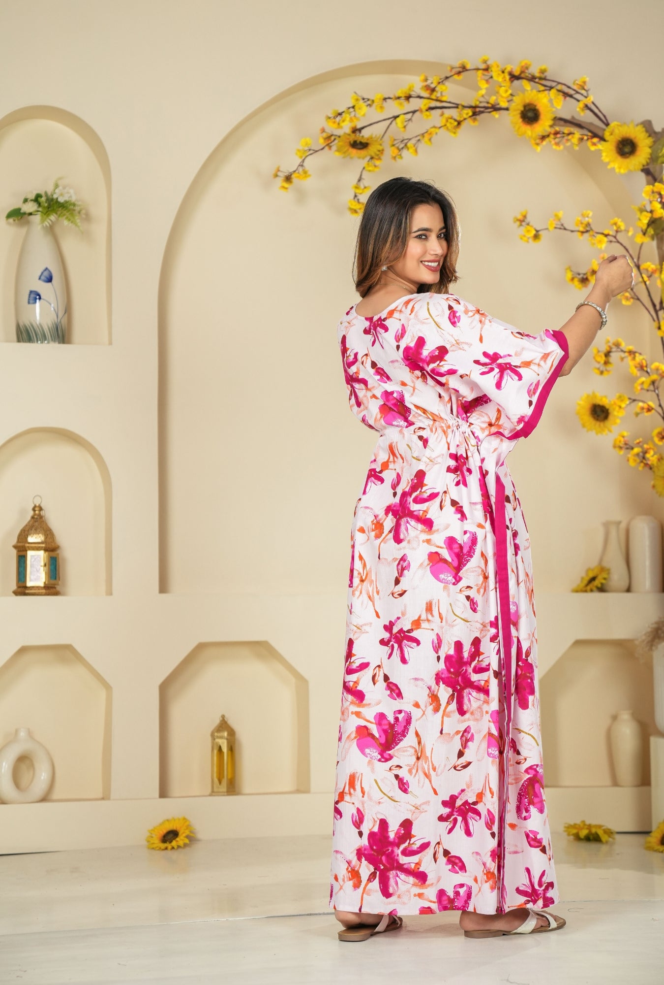 Spray Flower Pink Loungewear Cotton Kaftan