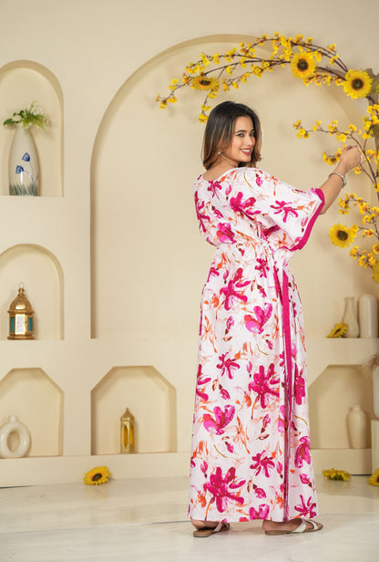 Spray Flower Pink Loungewear Cotton Kaftan