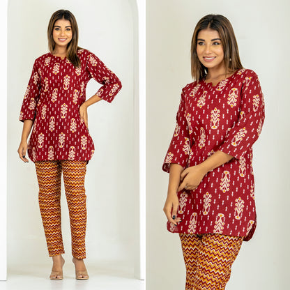 Ikat Infinity Maroon Cotton Loungewear set