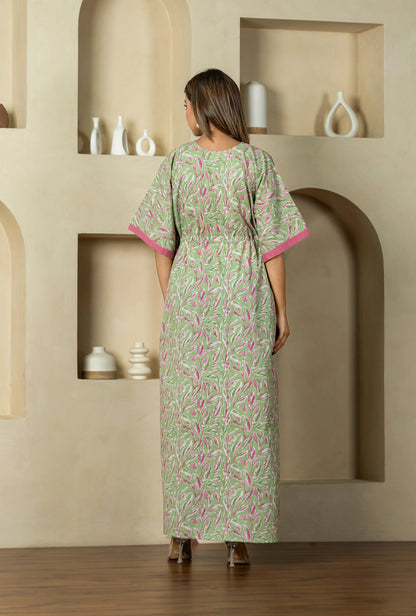 Garden Glow Mehndi Cotton Loungewear Kaftan