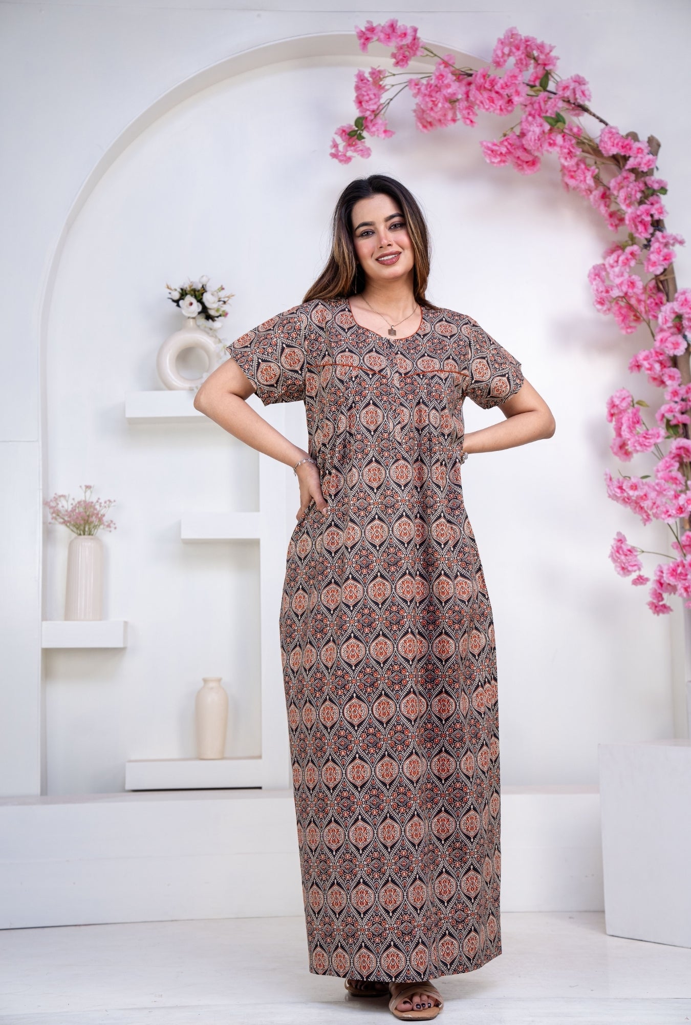 Ajrak Black Cotton Printed Nightwear Gowns