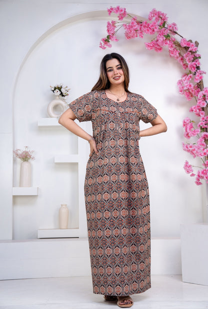Ajrak Black Cotton Printed Nightwear Gowns